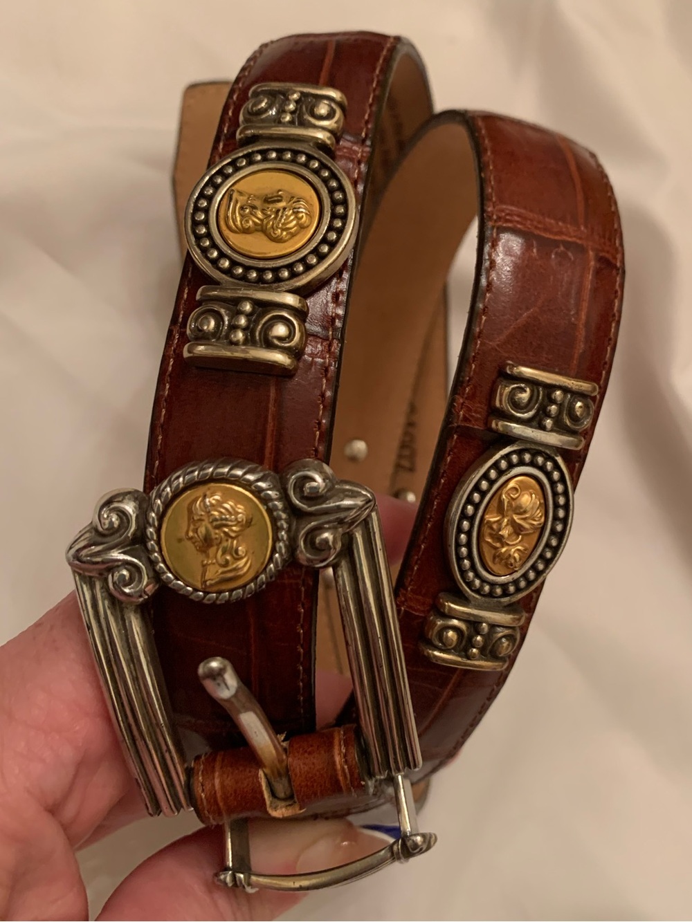 Unisex Brighton 1996 Brighton Crocodile Leather Belt: Silver & Gold Roman Coin